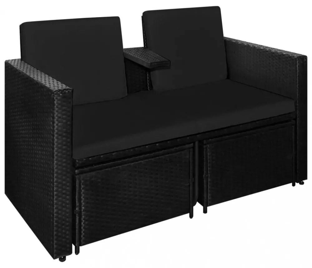 vidaXL 3 részes fekete polyrattan kerti bútorszett párnákkal
