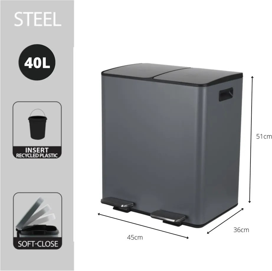 Sötétszürke acél szelektív pedálos szemetes 2x20 l Aliya – Spirella