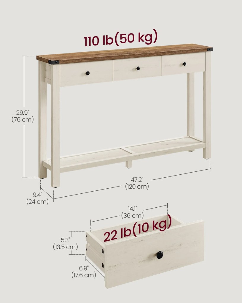 Keskeny konzolasztal 3 fiókkal és nyitott polccal, vidéki stílusban