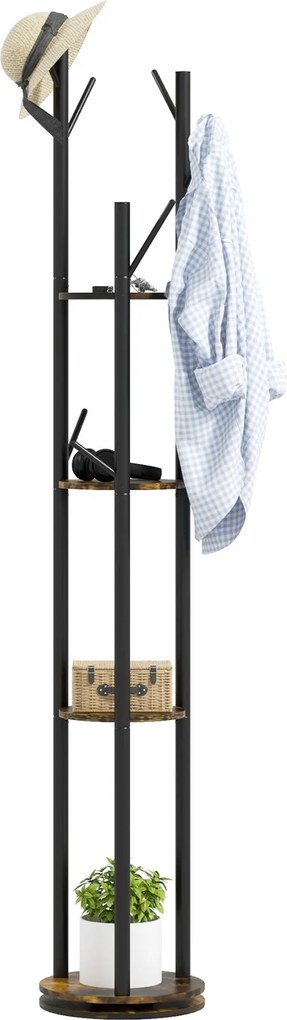 HOMCOM Forgó, Független Kabátállvány 8 Horggal és 4 Polccal, Ipari Stílusú Kabátállvány Előszobába és Hálószobába, Ø30x175cm, Rusztikus Barna | Aosom