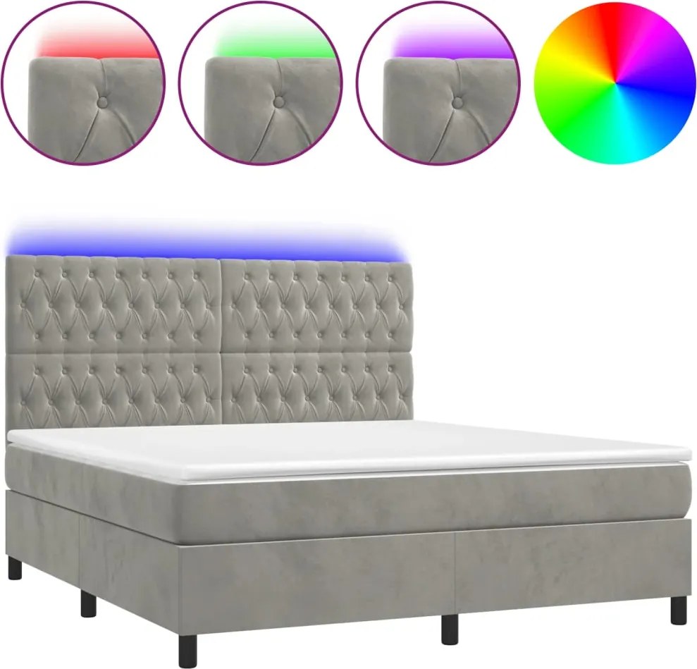 vidaXL világosszürke bársony rugós és LED-es ágy matraccal 180x200 cm