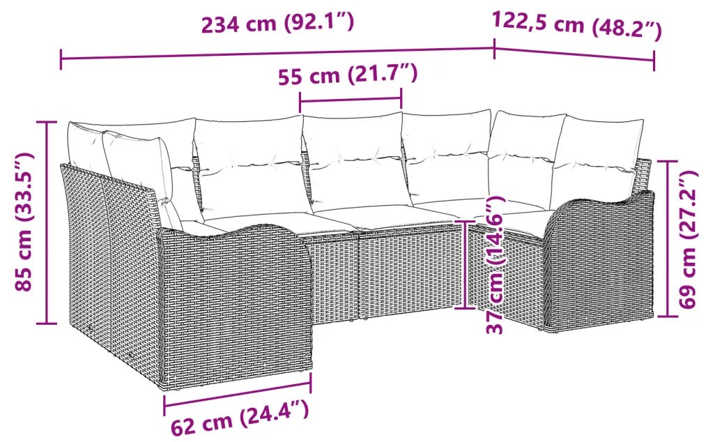 6 Részes Kert Kanapé Szett Párnákkal Szürke Poli Rattan, 2-Fős Kert Kanapé Párnákkal Szürke Poli Rattan