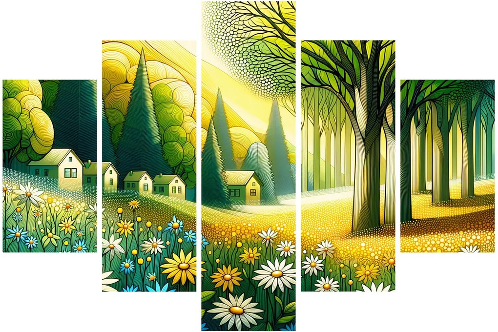Kép - Falu sárga-zöld színekben (150x105 cm)