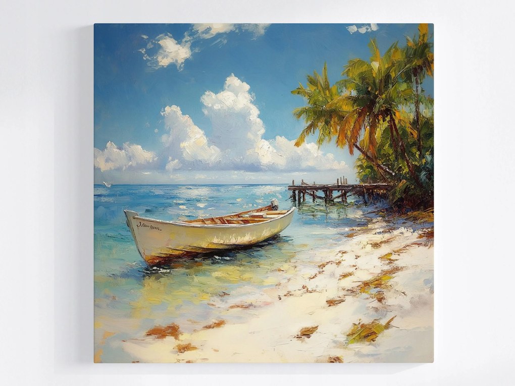 Vászonkép Canvas Tájkép Óceán Tengerpart Pálmafák Kikötő Móló Csónak 40x40
