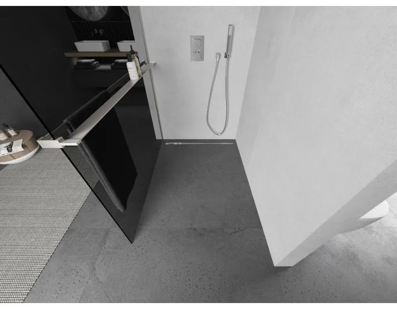 Mexen Kioto+, Walk-In zuhany paraván polccal és akasztóval 120 x 200 cm, 8mm szürke üveg, csiszolt acél profil, 800-120-121-97-40