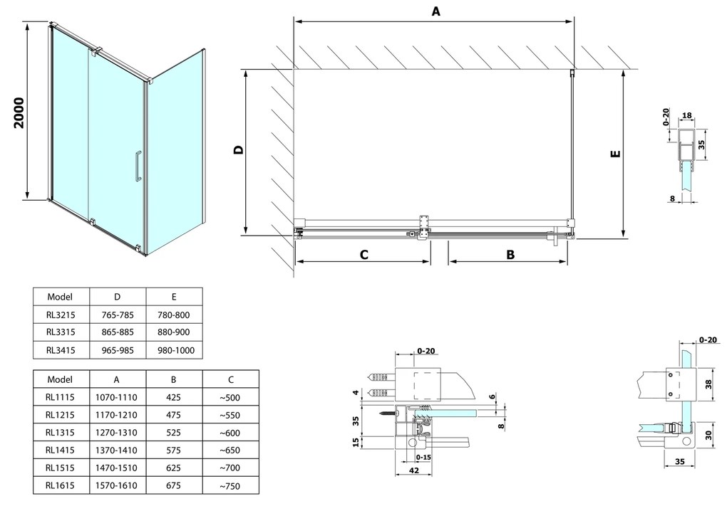 Sapho, ROLLS LINE zuhanyajtó 1200mm, magasság 2000mm, átlátszó üveg