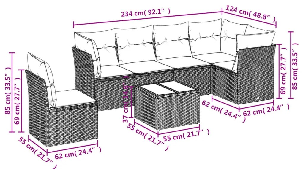 7 részes bézs polyrattan kerti ülőgarnitúra párnákkal