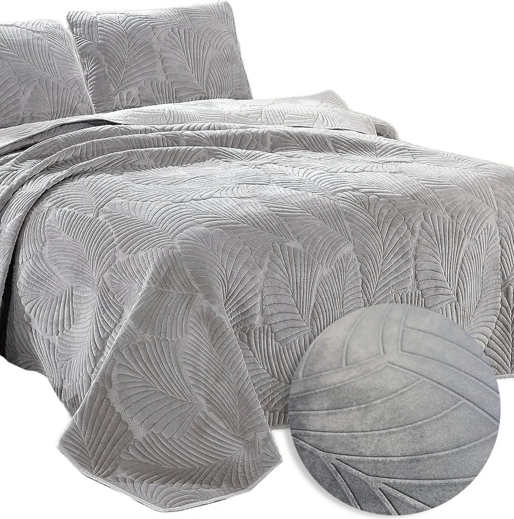 Ágytakaró kanapé 160x200 Steppelt Bársony velúr világosszürke levél mintás