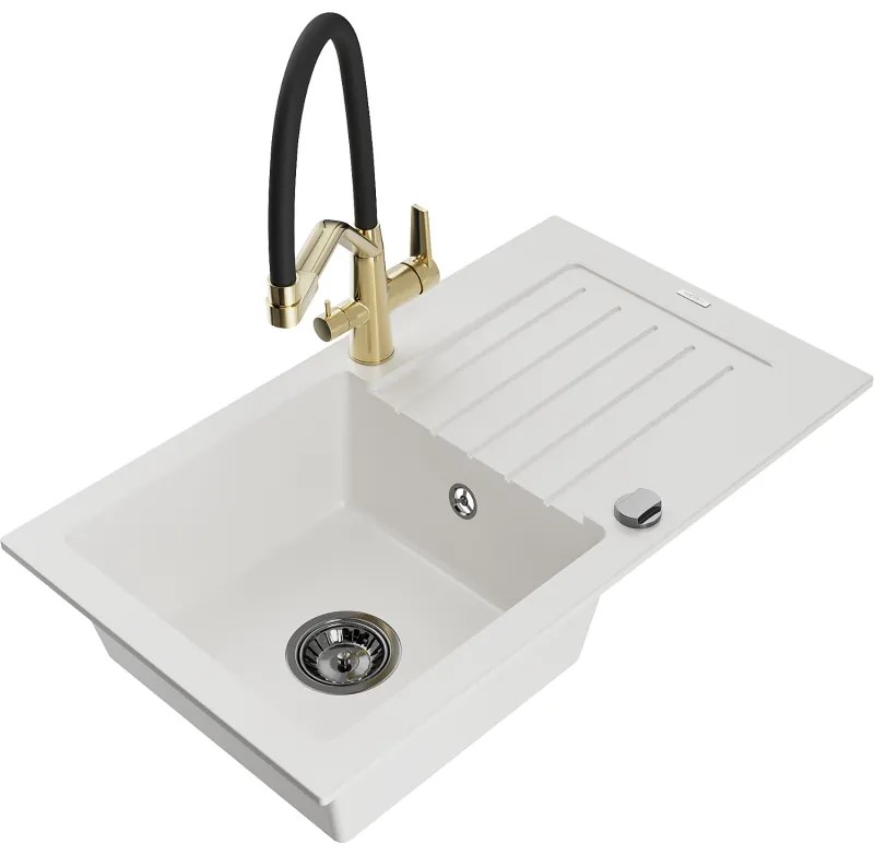 Mexen Pablo egymedencés gránit mosogató lefolyóval és Duo konyhai csapteleppel, fehér - 6510-20-671701-57-B