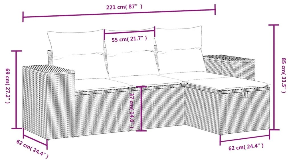 4 részes vegyes bézs polyrattan kerti ülőgarnitúra párnákkal