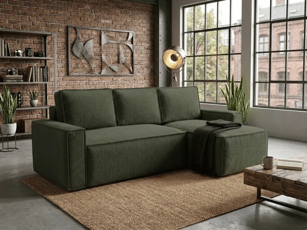 SMART BOUCLE L alakú kihúzható, megfordítható sarokkanapé 232x143 cm, sötétzöld