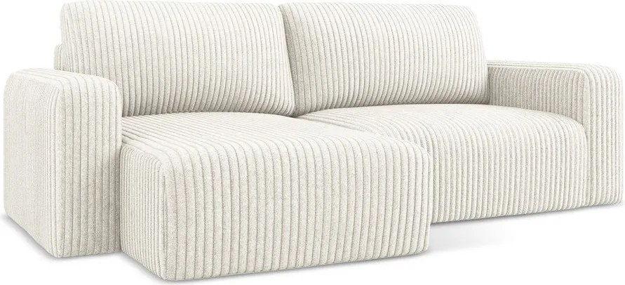 Krémszínű kordbársony kinyitható-tárolóhelyes sarokkanapé (bal oldali-heverő résszel) Kona – Makamii