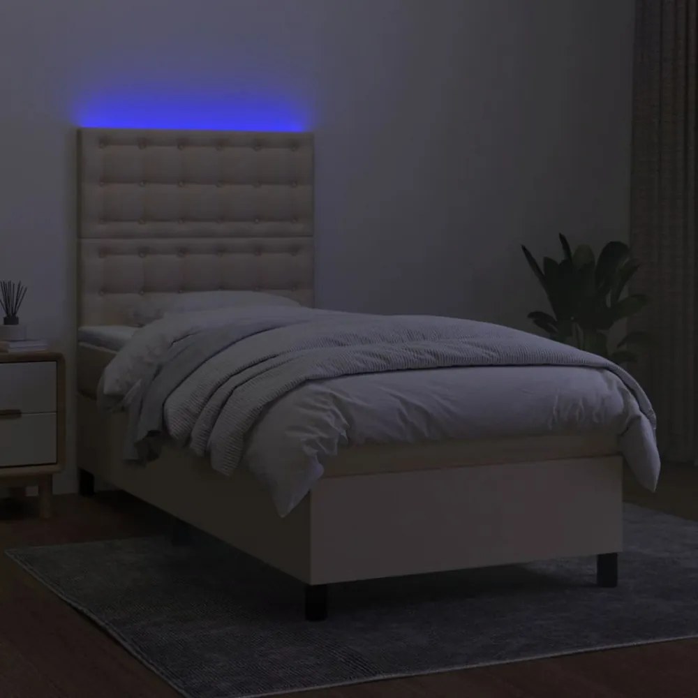 krémszínű szövet rugós és LED-es ágy matraccal 90x200 cm