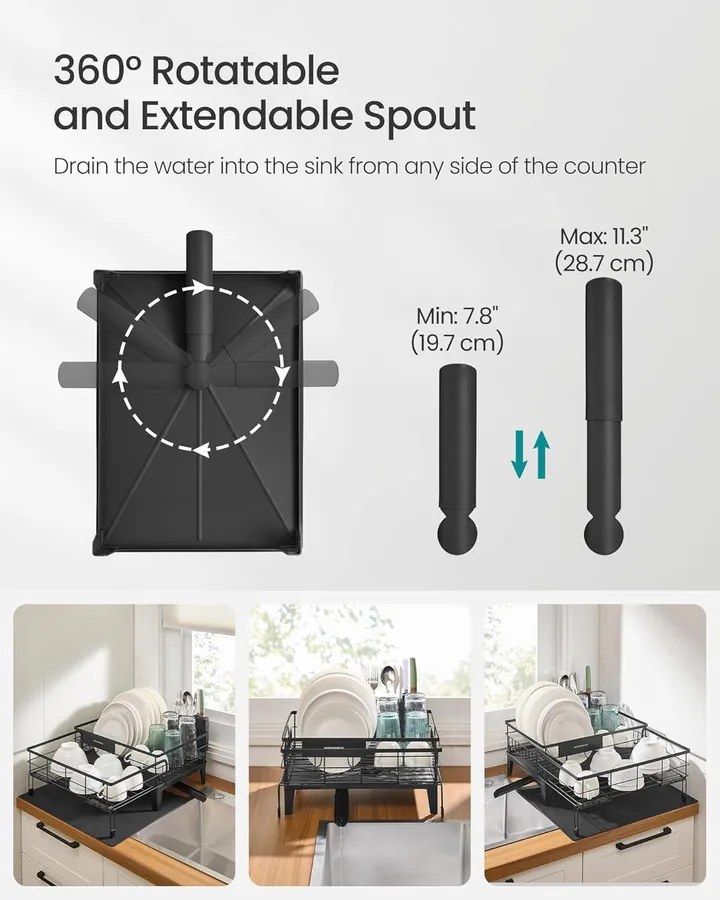 Edényszárító állvány, 360°-ban forgatható és kihúzható lefolyóval, fekete