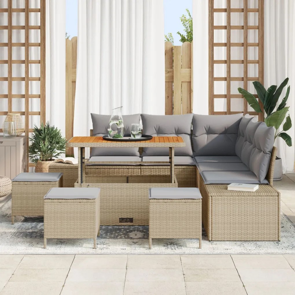 8 Darabos Kert Sofa Szett Párnákkal Bézs Poli Rattan Akác, 2 Személyes Kert Sofa Párnákkal Bézs Poli Rattan, 3 Darabos Kert Étkező Szett Párnákkal Bézs Poli Rattan Akác