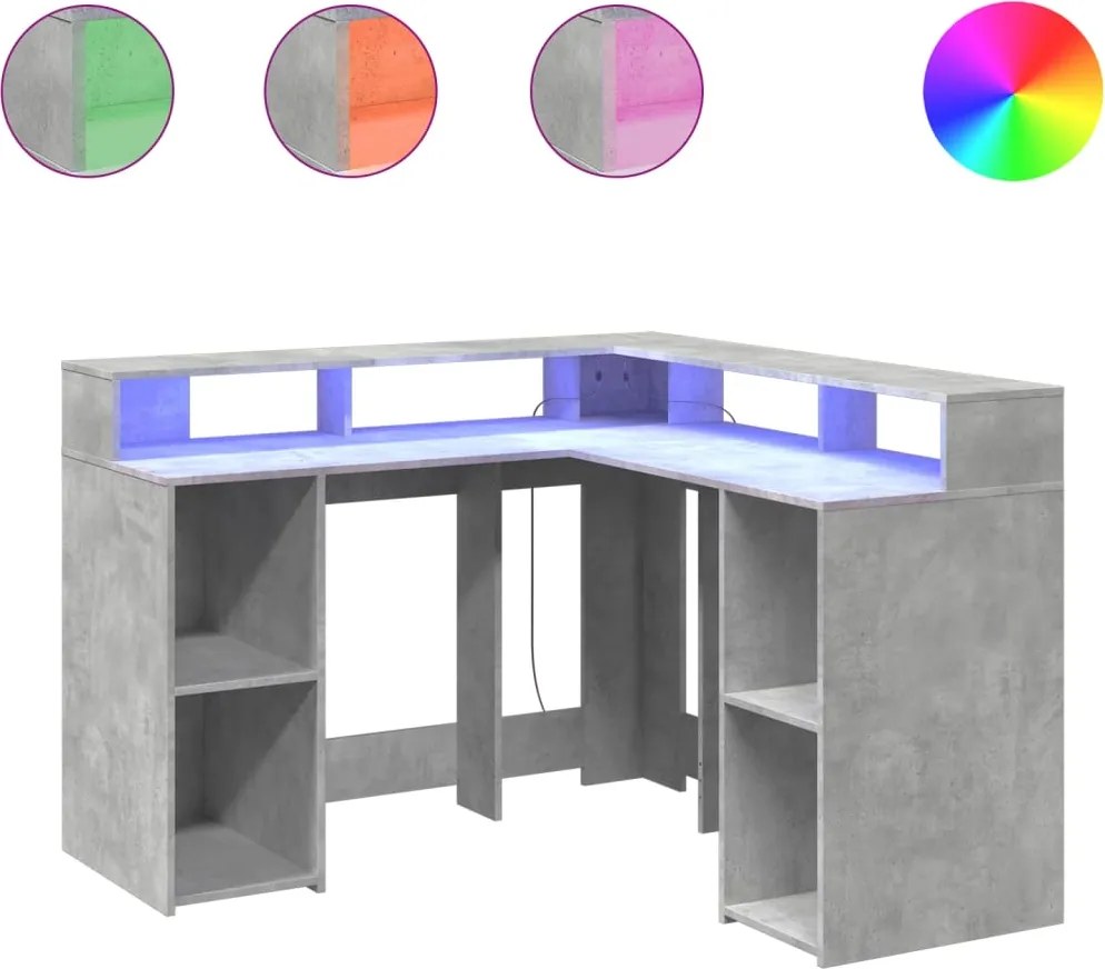 vidaXL betonszürke szerelt fa íróasztal LED-világítással 130x130x91 cm
