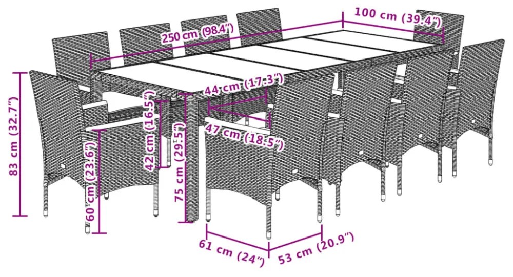 11 részes szürke polyrattan/üveg kerti ülőgarnitúra párnákkal