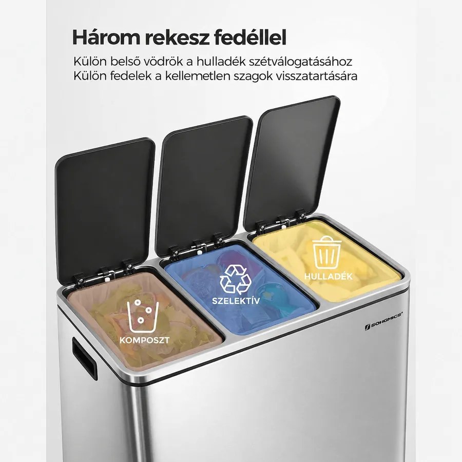 Szelektív szemetes 54 liter, hulladékleválasztó rendszer 3 rekeszes, ezüst