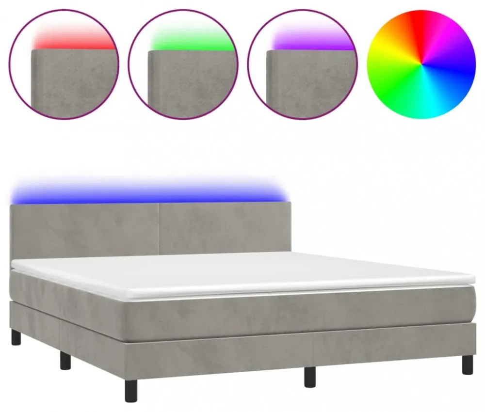 világosszürke bársony rugós és LED-es ágy matraccal 160x200 cm