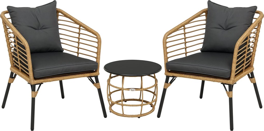 Outsunny Rattan Kerti Bútor Szett, 3 részes Ülőgarnitúra, Kávézó Asztallal és 2 Székkel, Párnás Bistro Szett, Teraszbútor, Erkély, Acél, Homok + Sötét