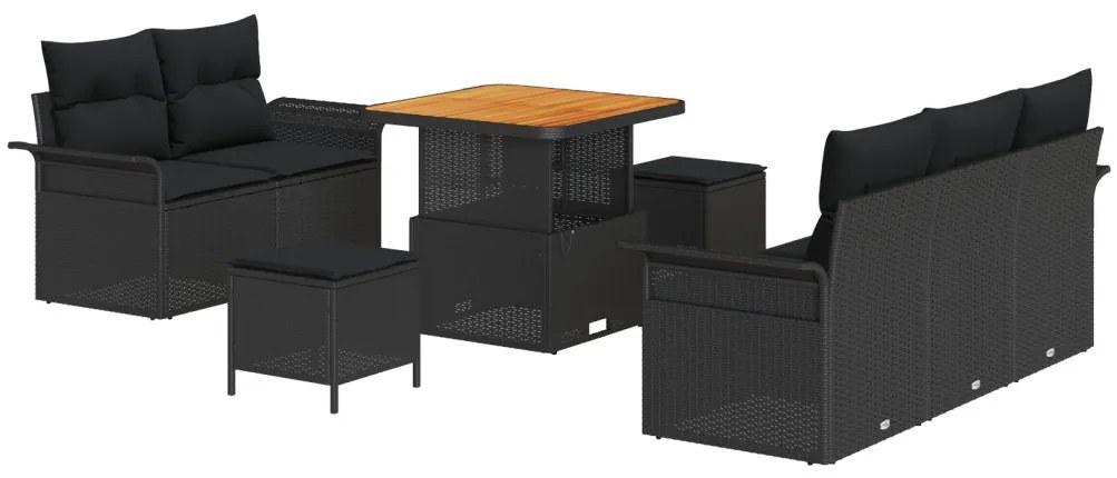 8 darabos kert kanapészett párnákkal fekete poli rattan akáciából, 2 személyes kert kanapé párnákkal fekete poli rattan, 3 darabos kert étkező szett párnákkal fekete poli rattan akáciából