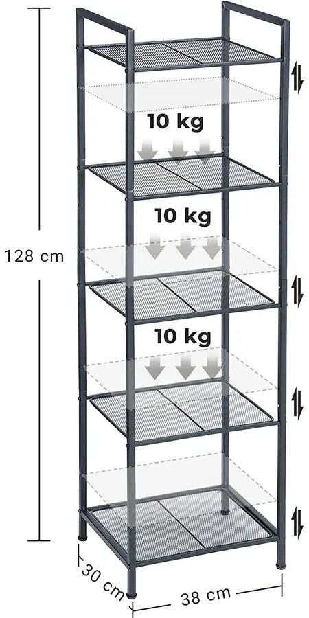 fürdőszobai polc, 5 szintes tároló állvány, fekete