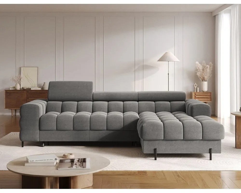 Szürkésbarna bársony kinyitható-tárolóhelyes sarokkanapé (jobb oldali-heverő résszel) Felro – ELTAP