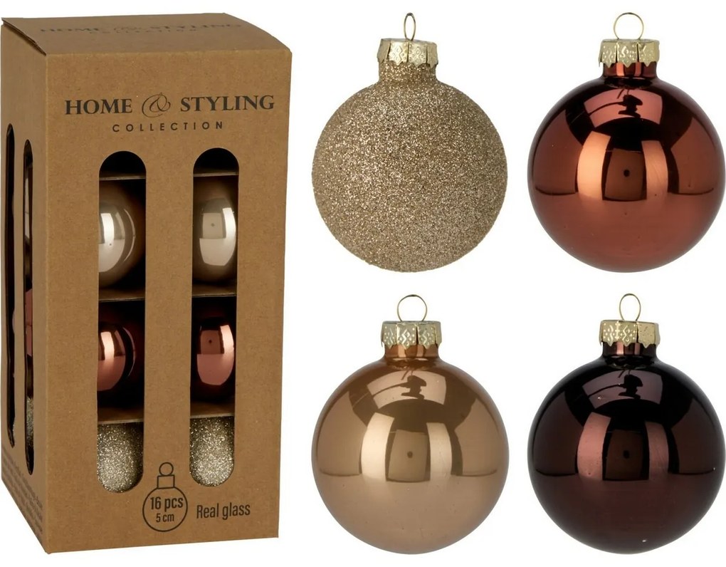 16 darabos karácsonyi díszkészlet Crystal Harmony,cofee, átmérő 5 cm, üveg, 5 cm átmérőjű