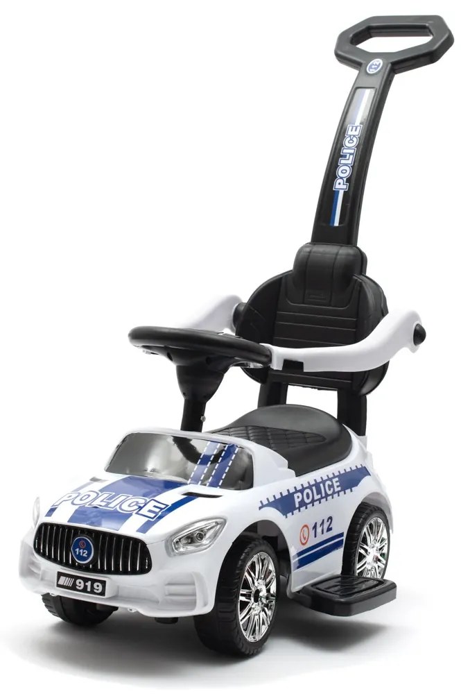 Zenélő bébitaxi vezetőrúddal Baby Mix RENDŐRSÉG fehér