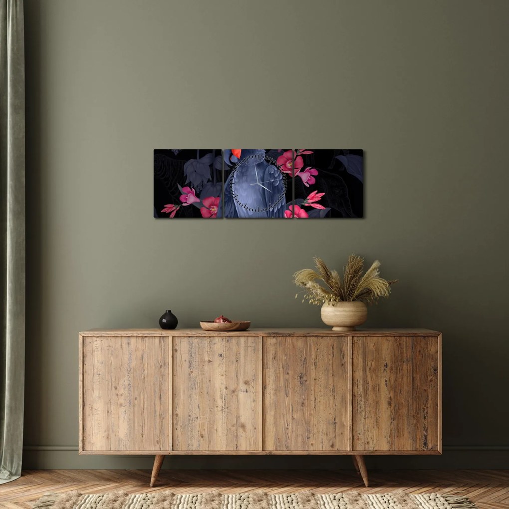Kép - papagáj a virágok között (órával) (90x30 cm)