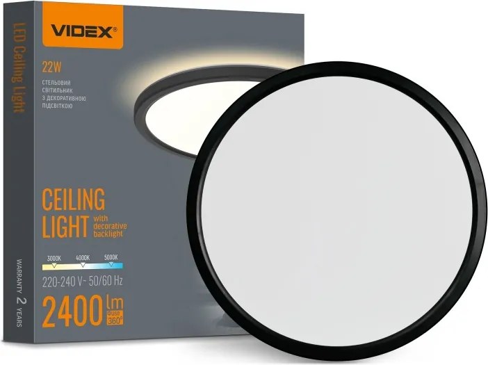 Plafon Led Mennyezeti Lámpa 22W 2400lm Cct 140° IP54 Fekete Falra szerelhető Videx