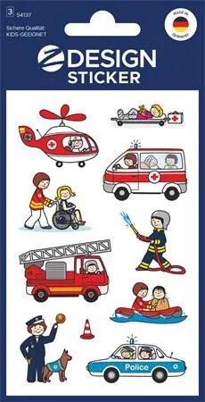 Matrica, papír, 3 ív, 76x120 mm, AVERY ZWECKFORM, Z-Design No.54137, mentősök, rendőrök, tűzoltók (AY54137)