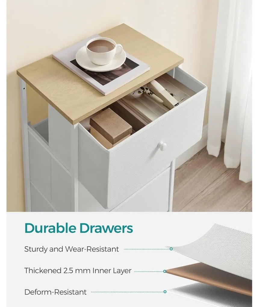 Tároló szekrény négy fiókkal, ruhás szekrény, fehér és tölgy 30 x 45 x 92 cm