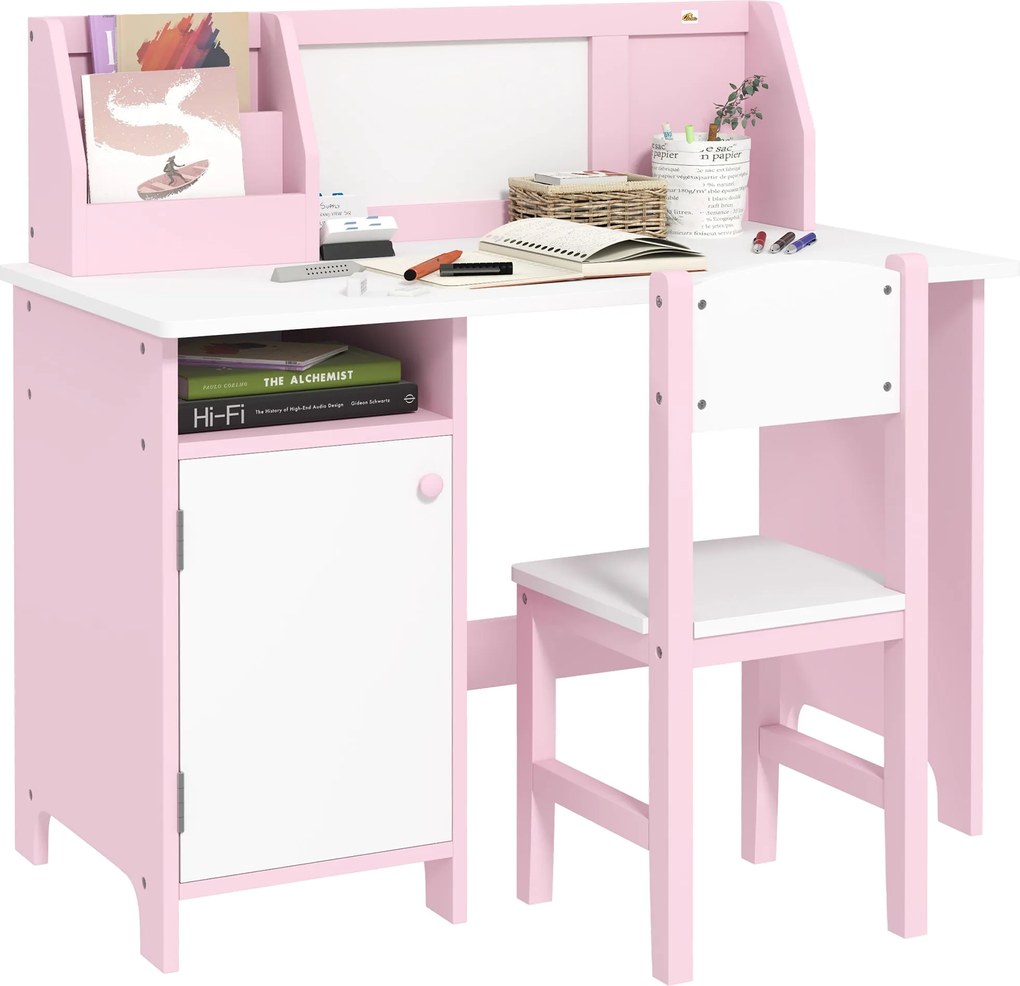 HOMCOM Gyerek Fa Asztal és Szék Szett - Fehér Táblával 5 Éves Korosztály Számára 90x45x85 cm Rózsaszín | Aosom