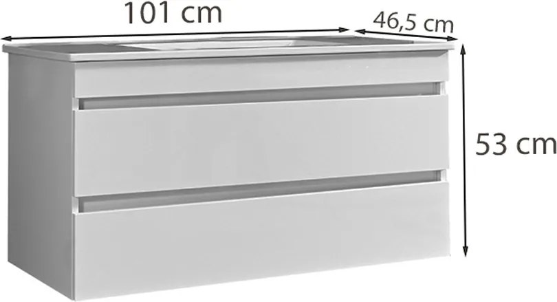 Cube 100 alsó fürdőszobabútor kerámia mosdóval 2 fiókos, magasfényű festett fehér