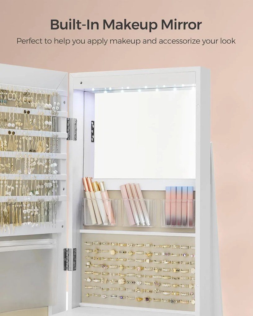 ékszerszekrény, tükrös szekrény 360°-ban forgatható, fehér felülettel és greige