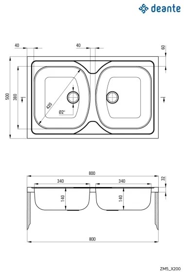 Deante ZM5_0200 - Mosogató TANGO 50x80 cm szatén