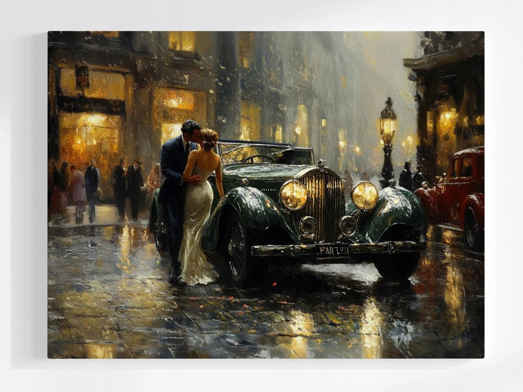 Poszter Város Este Autó Pár Csók Retro 100x75