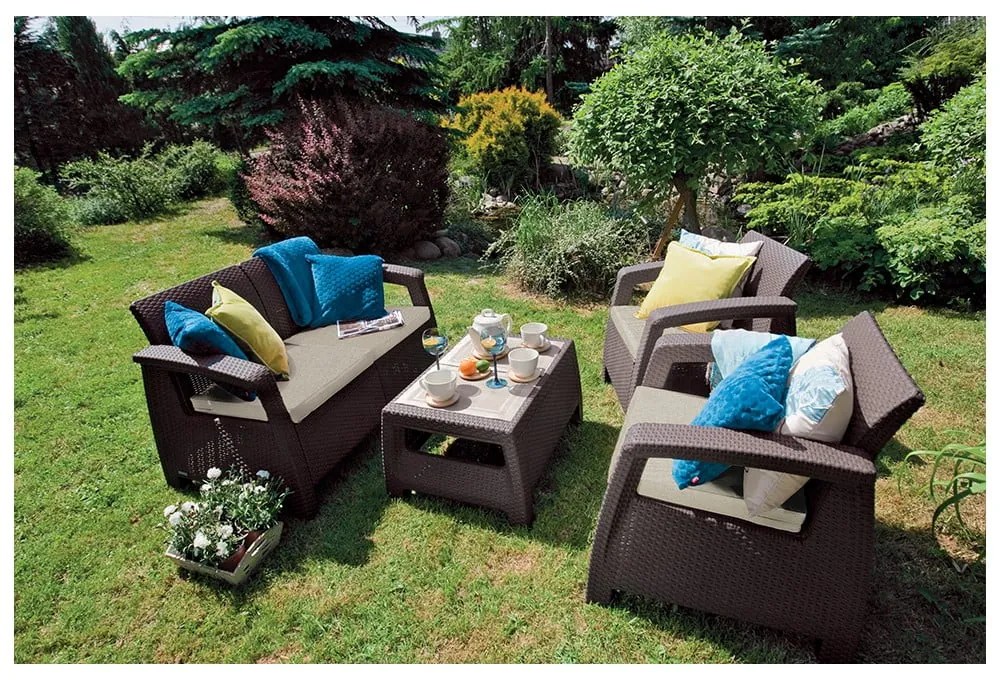 Sötétbarna műrattan négyszemélyes kerti lounge szett Corfu – Keter