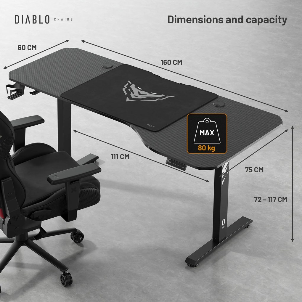 Elektromosan magasságban állítható íróasztal 160 cm fekete: Diablo X-Tensio 1600