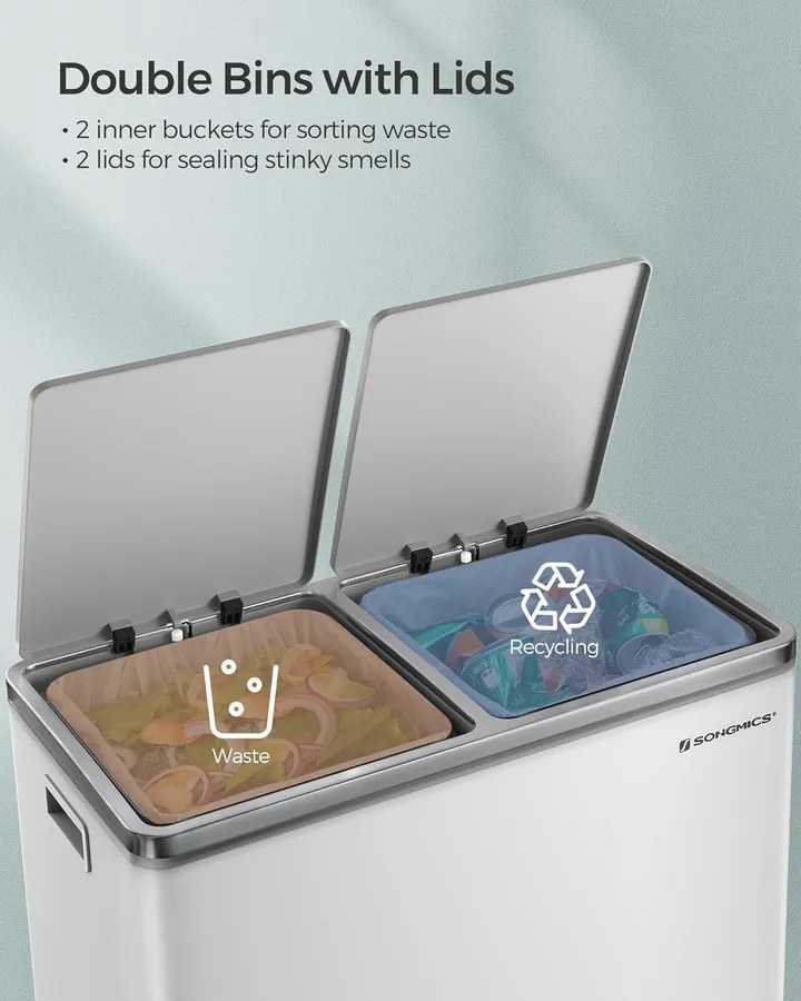Dupla szemetes, fém szelektív hulladékgyűjtő 15 szemeteszsákkal, 2 × 30 L, fehér–szürke