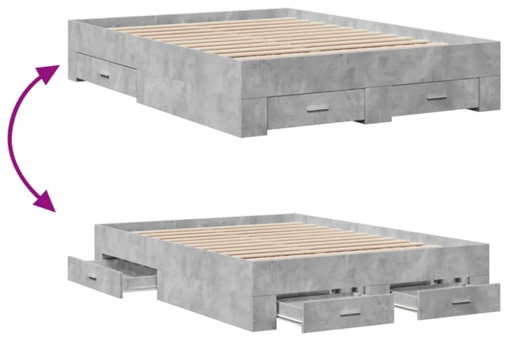 betonszürke szerelt fa ágykeret fiókokkal 120 x 200 cm