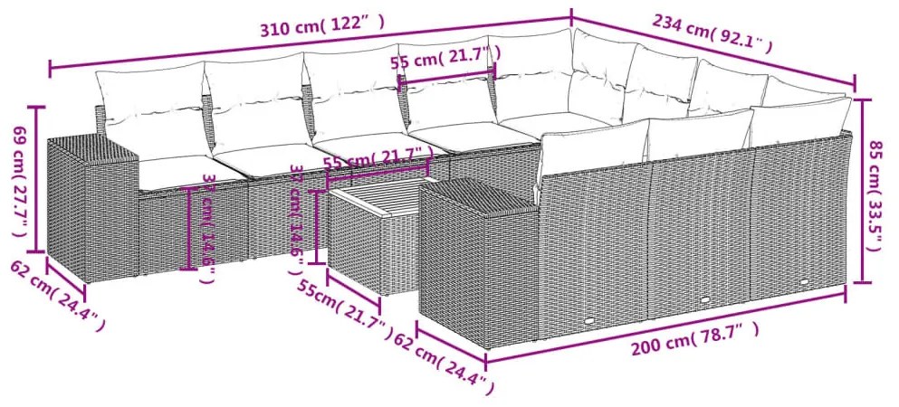 11 részes fekete polyrattan kerti ülőgarnitúra párnákkal