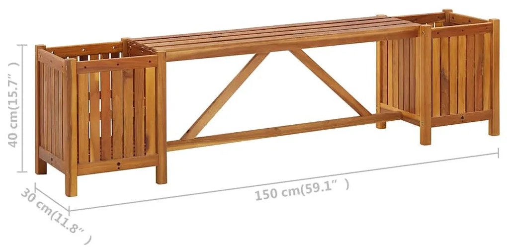 tömör akácfa kerti pad 2 virágtartóval 150 x 30 x 40 cm