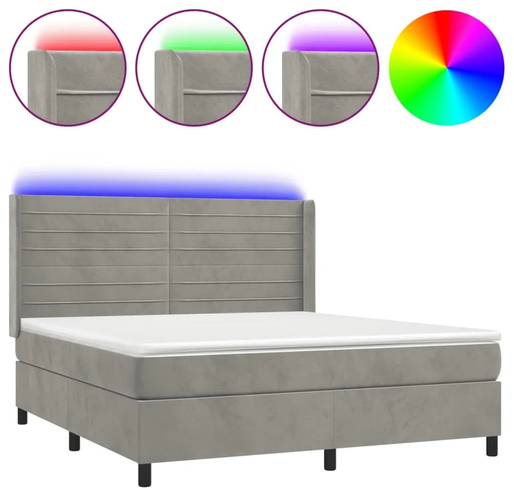 világosszürke bársony rugós és LED-es ágy matraccal 160x200 cm