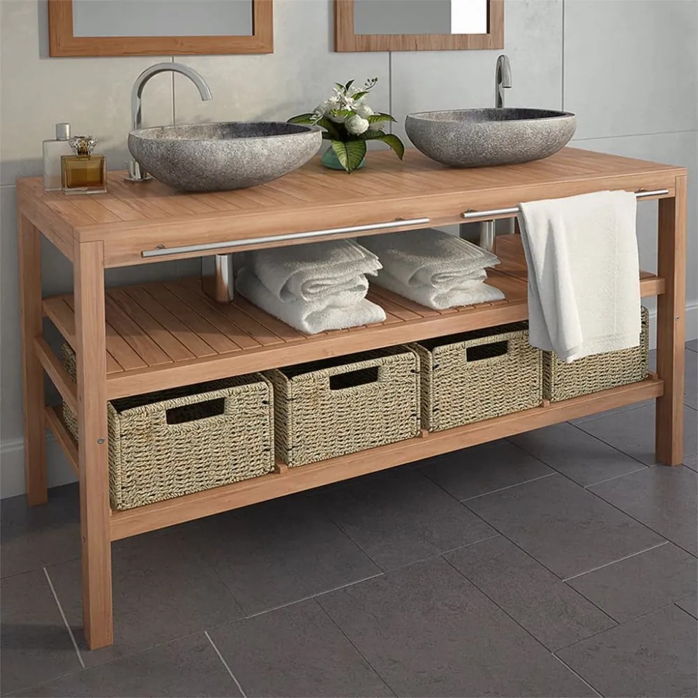 Tömör tíkfa fürdőszobai pipereszekrény 4 kosárral 132x45x75 cm