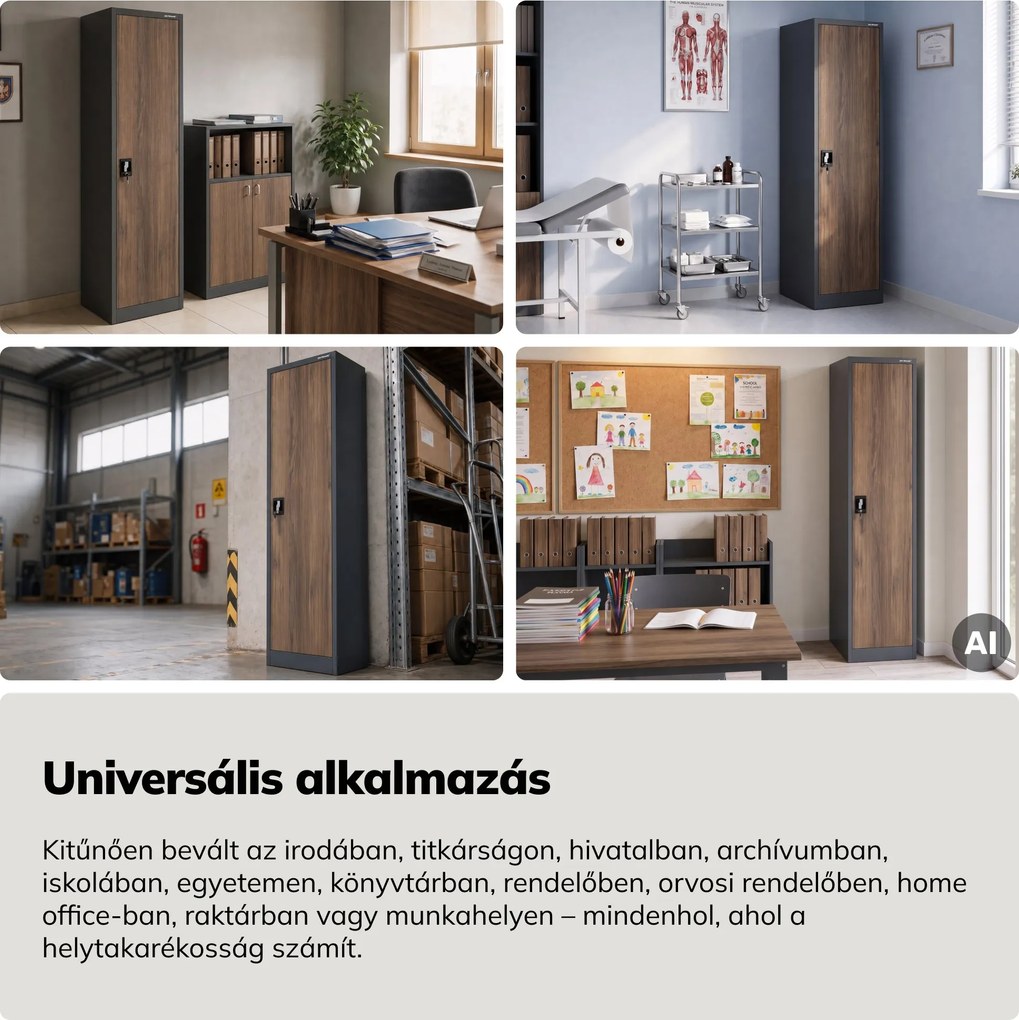 Fém irodai iratszekrény, antracit/dió, 450x1850x400 mm: ALEX Eco Design