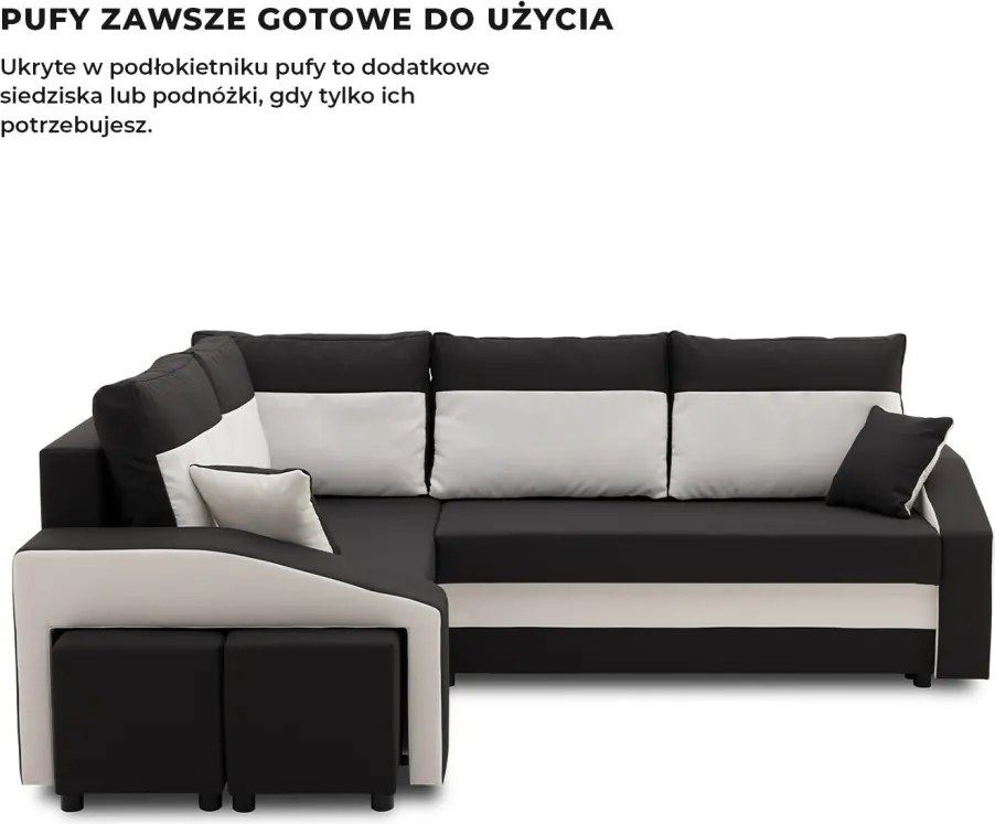 Grande sarokkanapé polcokkal és puffokkal , polc a jobb karfaban puffok a bal karfaban, baloldali, szövet anyag, hab töltet, fekete - fehér