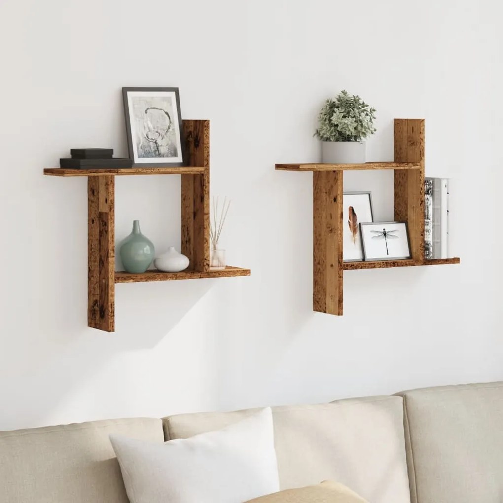 2 db antik fa színű szerelt fa fali polc 50 x 12 x 50 cm