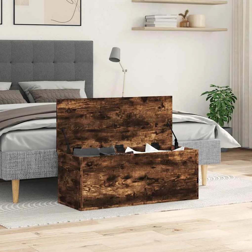 füstös tölgy színű szerelt fa tárolóláda 90 x 35 x 35 cm